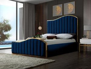 Transform your bedroom into a dream haven with the breathtaking Brandy navy velvet king bed.